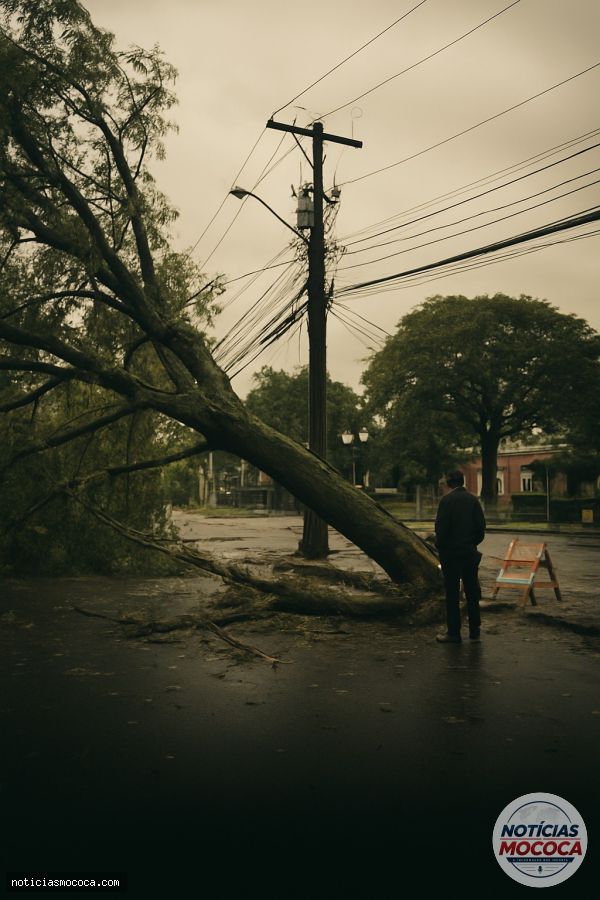 Árvore cai sobre rede elétrica na Praça da Paz, em Mococa