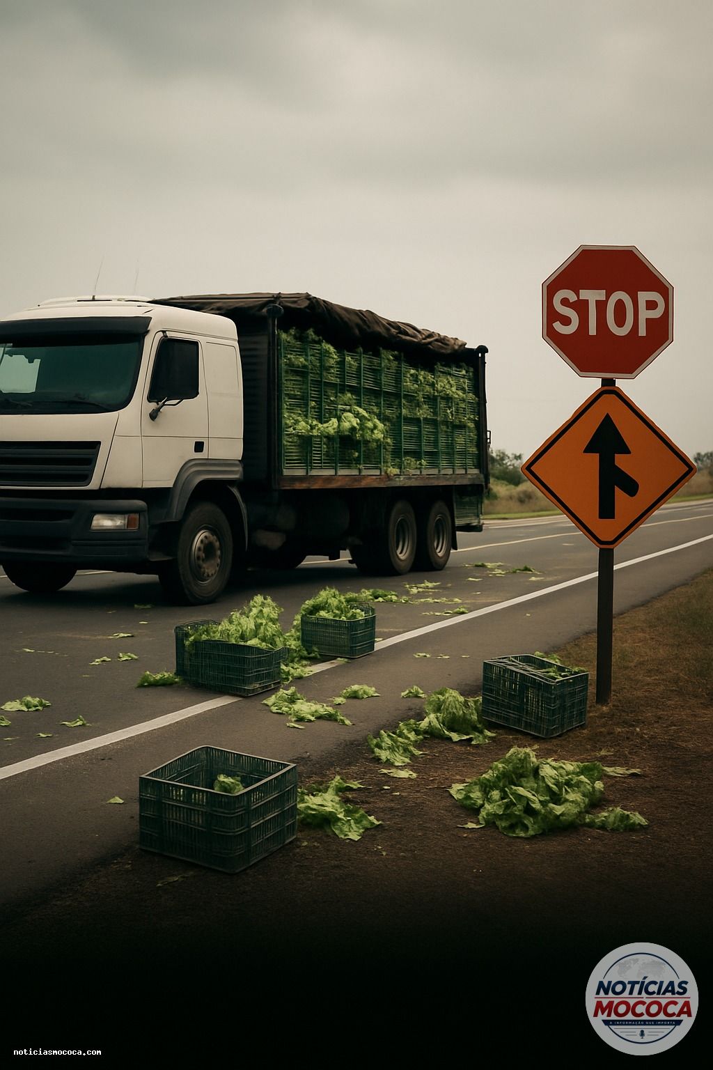 Caminhão com carga de verduras quebra na SP-207 e provoca trânsito em sistema siga e pare